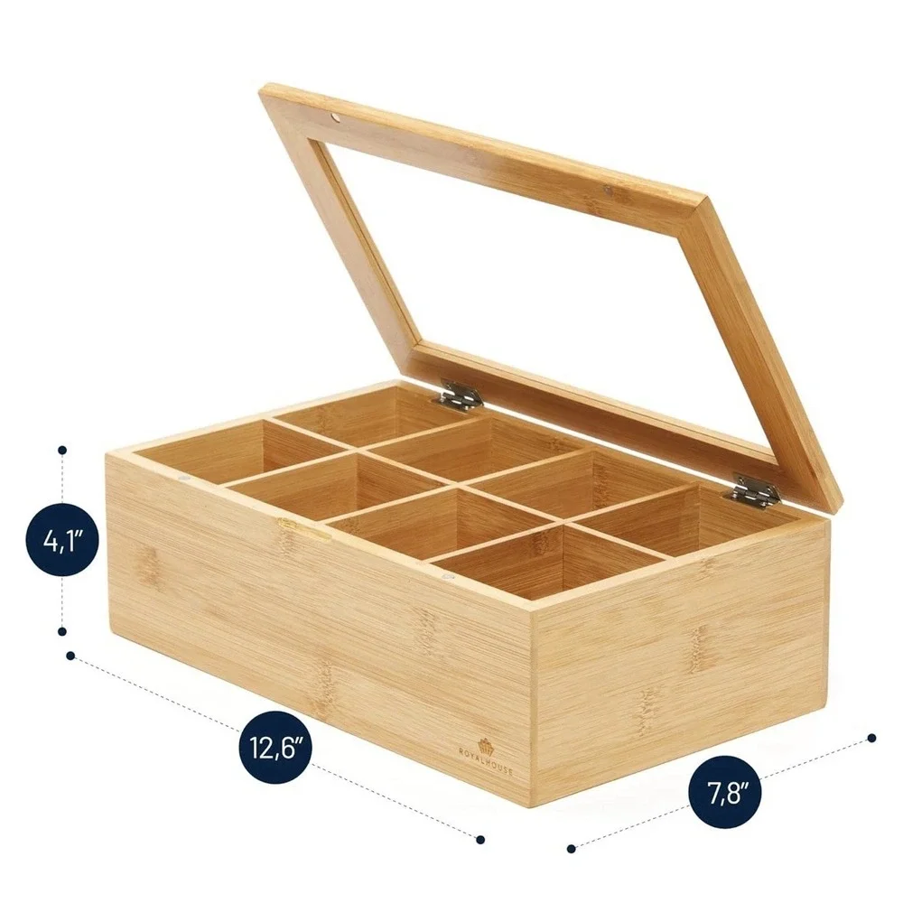 RoyalHouse Big Natural Bamboo Tea Storage Organizer 8 Compartments,